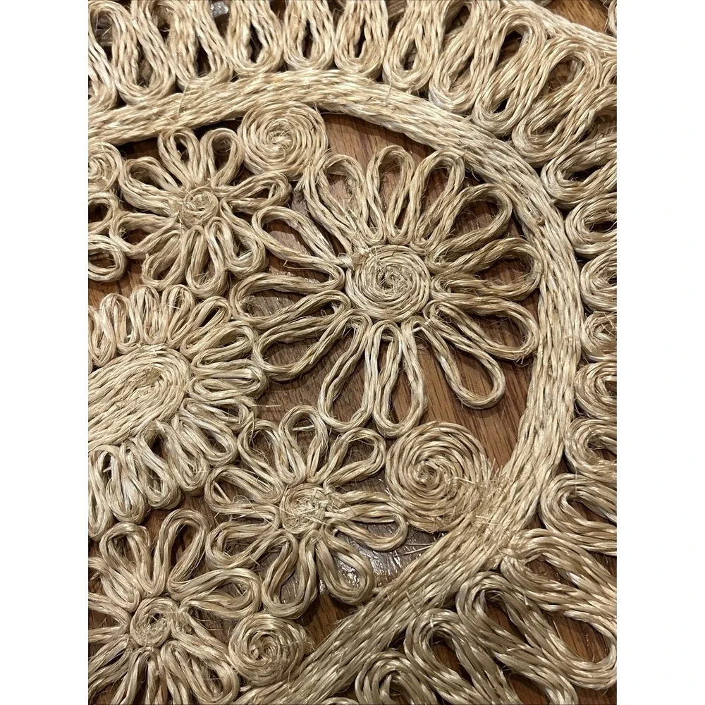 Set Of 7 Vintage Abaca Hemp Centerpiece Placemats Woven Floral Scrolled MCM Boho